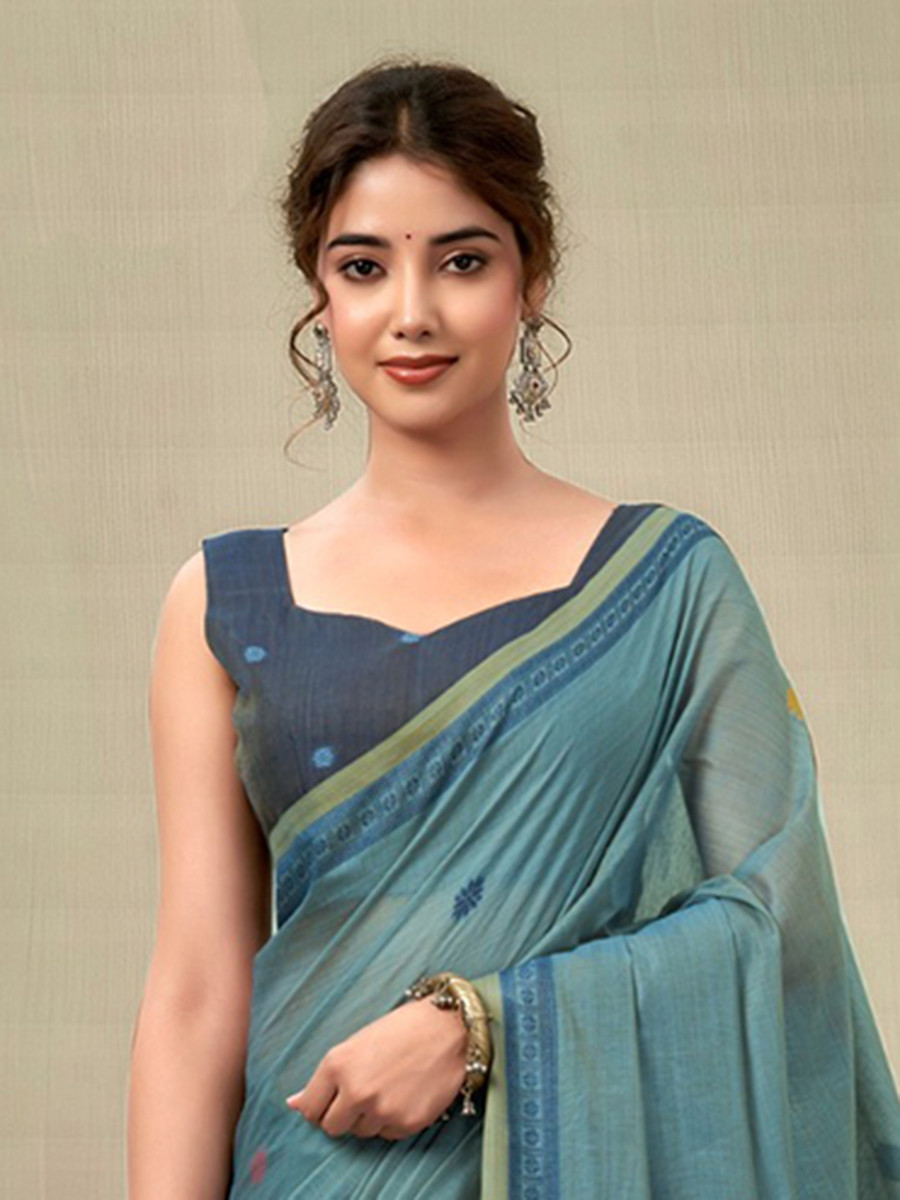 Blue Cotton Hand Block Printed Wedding Reception Party Festival Casual Heavy Border Sarees