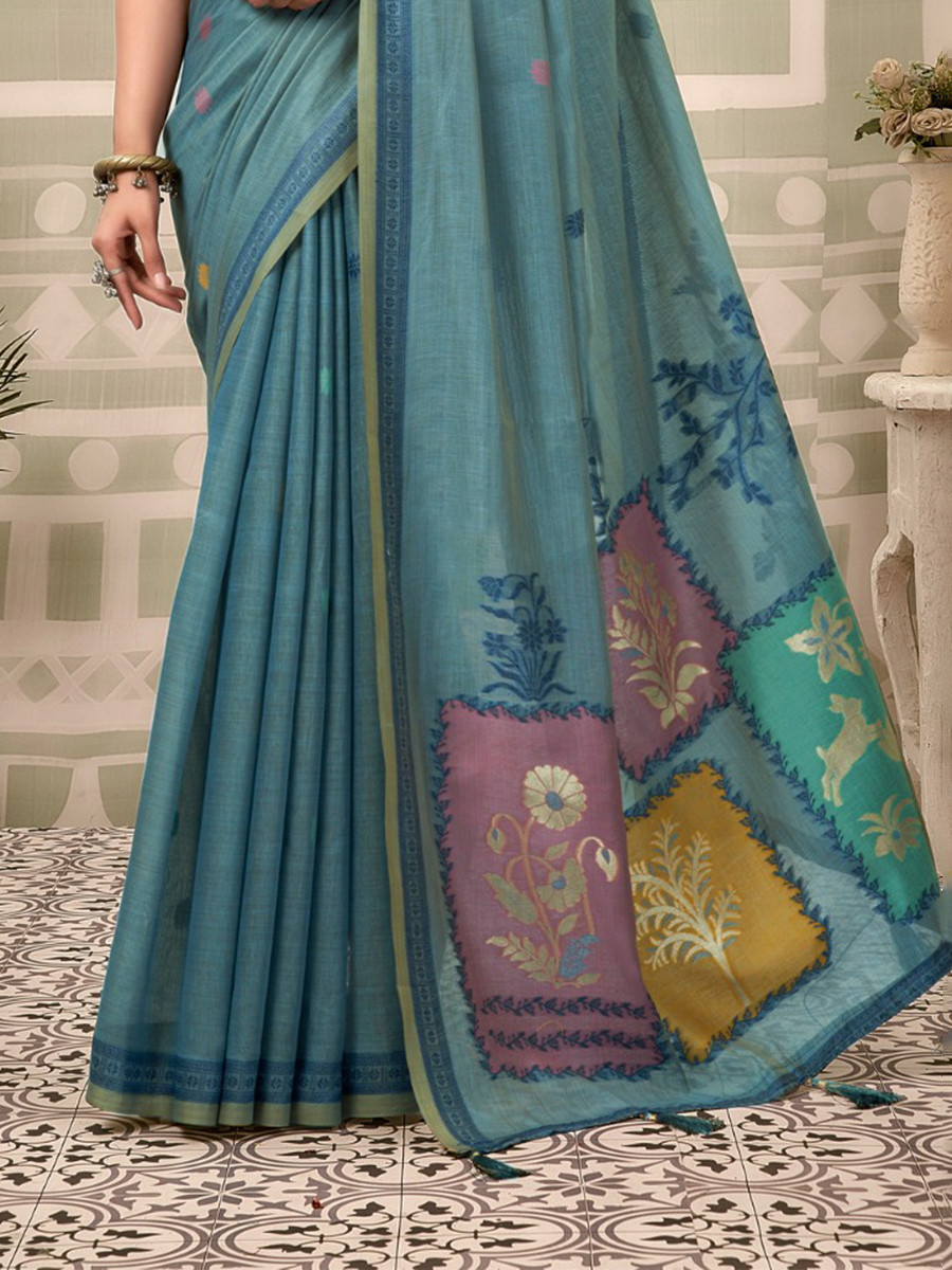 Blue Cotton Hand Block Printed Wedding Reception Party Festival Casual Heavy Border Sarees
