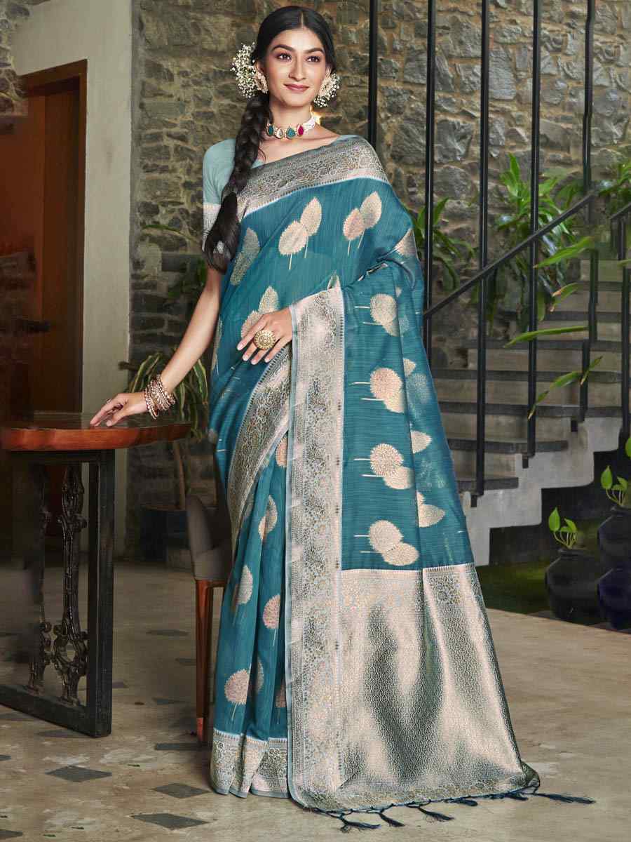 Blue Cotton Handwoven Casual Festival Heavy Border Saree