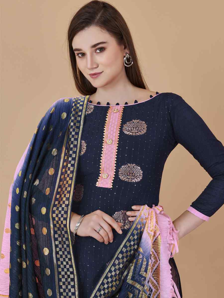 Blue Cotton Jacquard Handwoven Casual Festival Pant Salwar Kameez