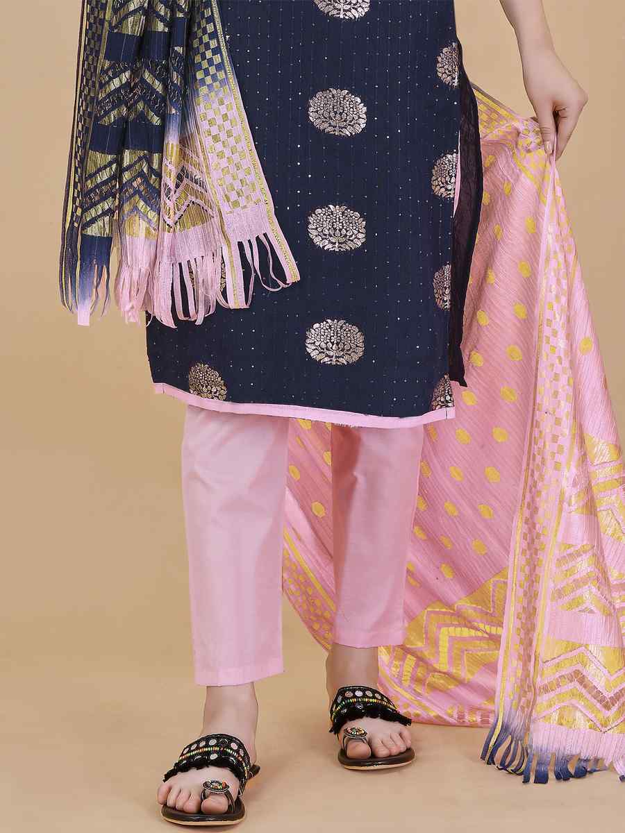 Blue Cotton Jacquard Handwoven Casual Festival Pant Salwar Kameez