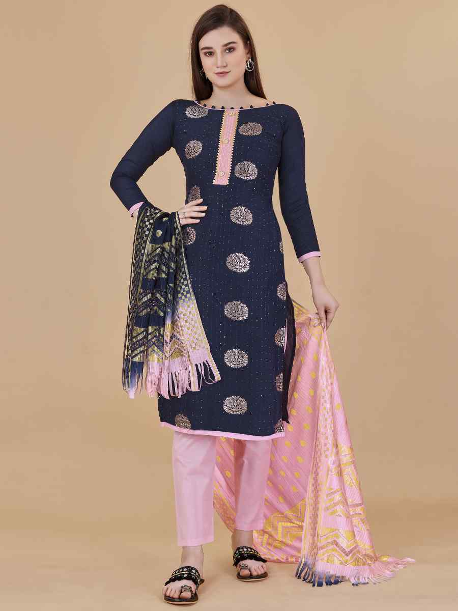 Blue Cotton Jacquard Handwoven Casual Festival Pant Salwar Kameez