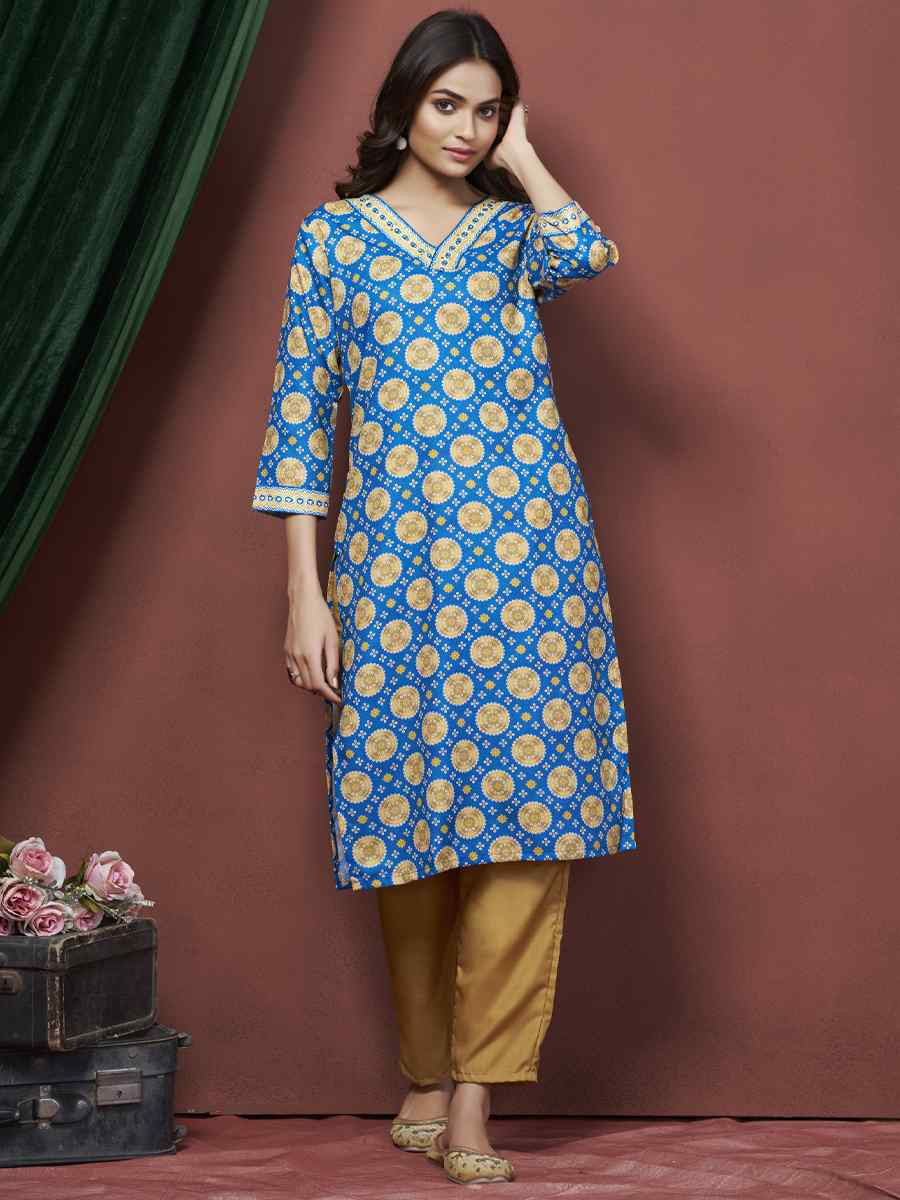 Blue Cotton Linen Embroidered Festival Casual Kurti