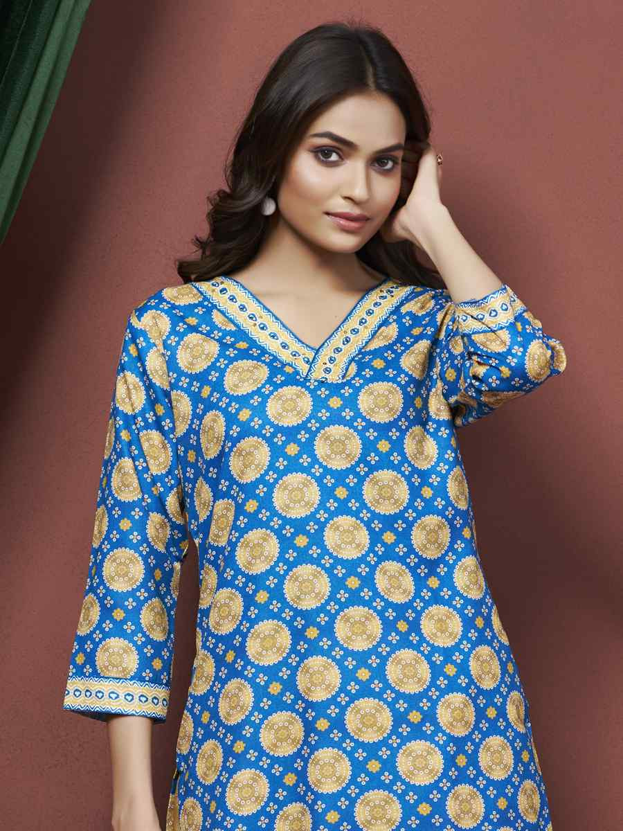 Blue Cotton Linen Embroidered Festival Casual Kurti