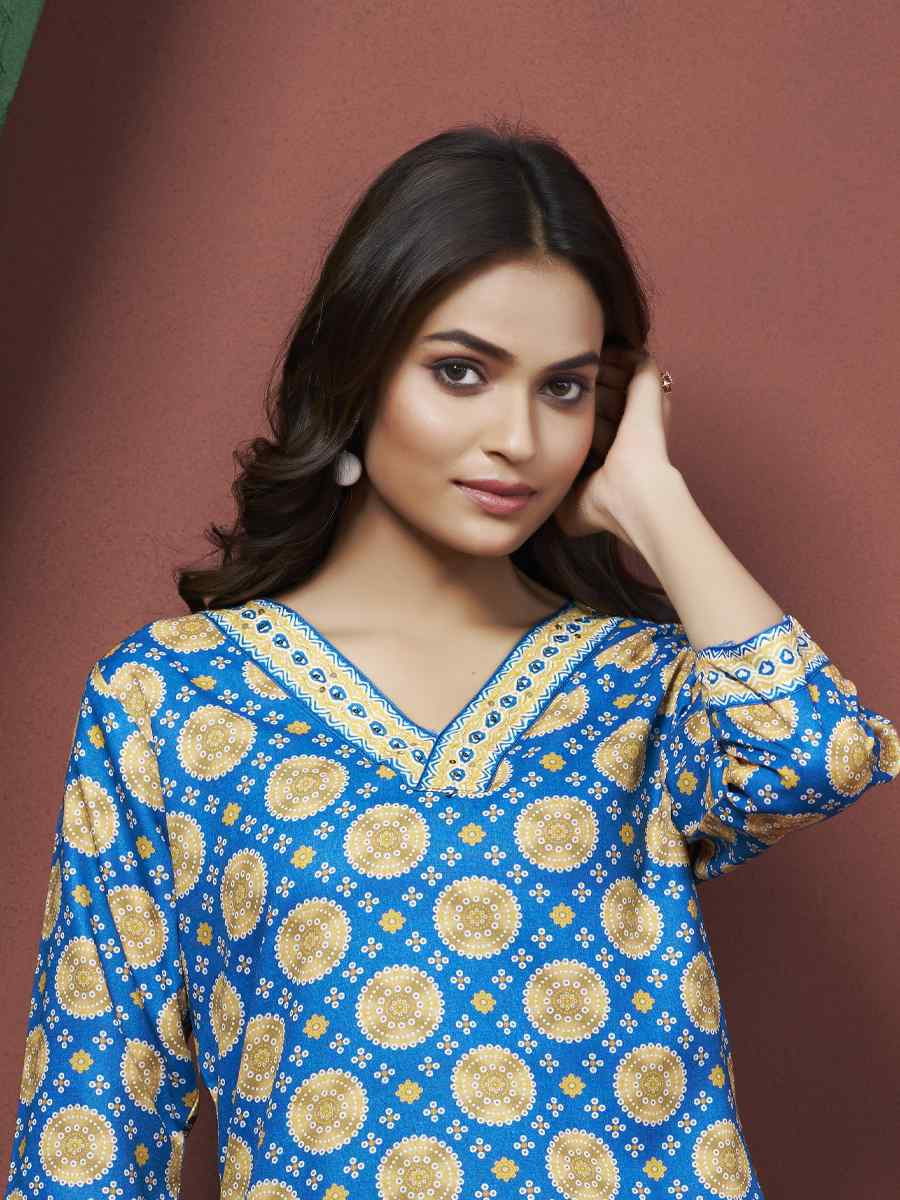 Blue Cotton Linen Embroidered Festival Casual Kurti