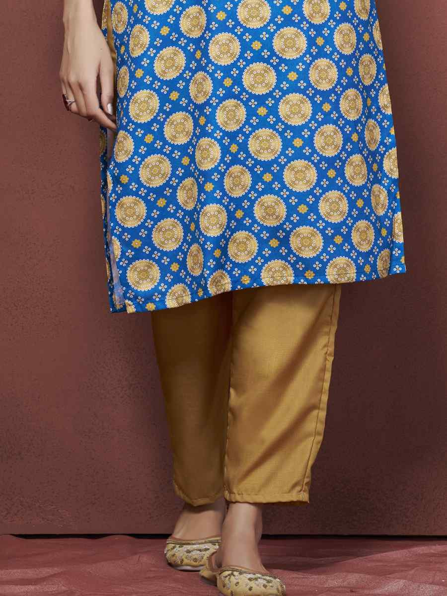 Blue Cotton Linen Embroidered Festival Casual Kurti