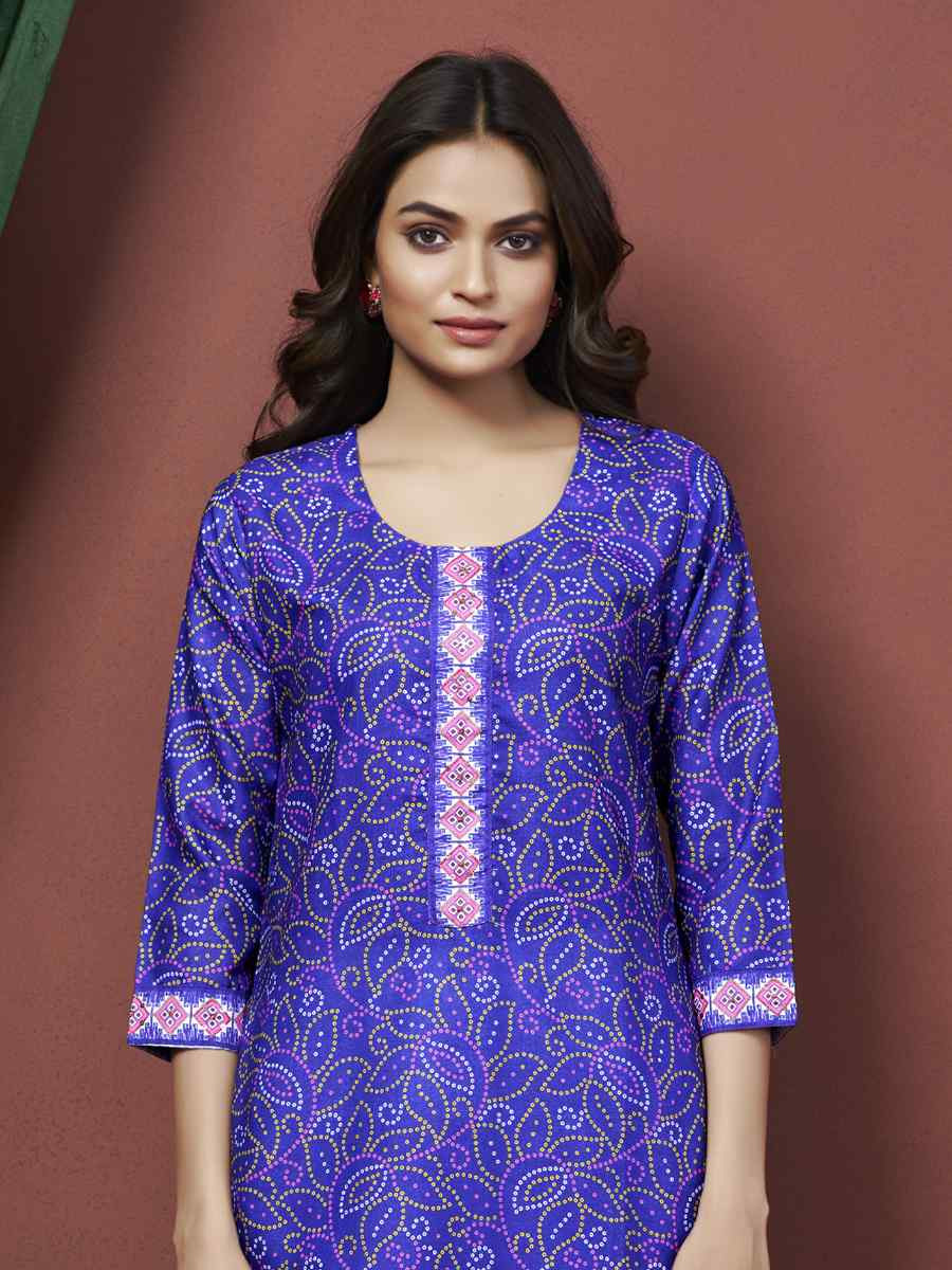 Blue Cotton Linen Embroidered Festival Casual Kurti
