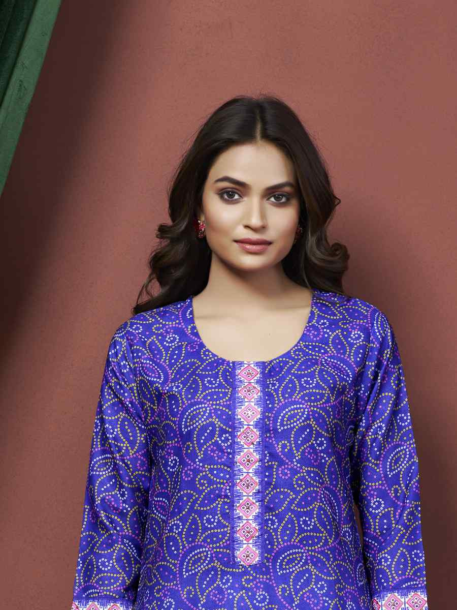 Blue Cotton Linen Embroidered Festival Casual Kurti