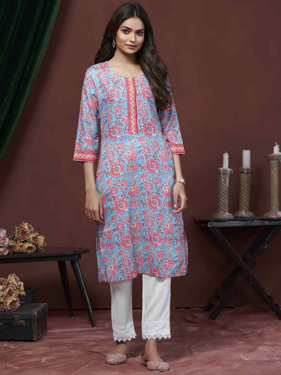 Blue Cotton Linen Embroidered Festival Casual Kurti