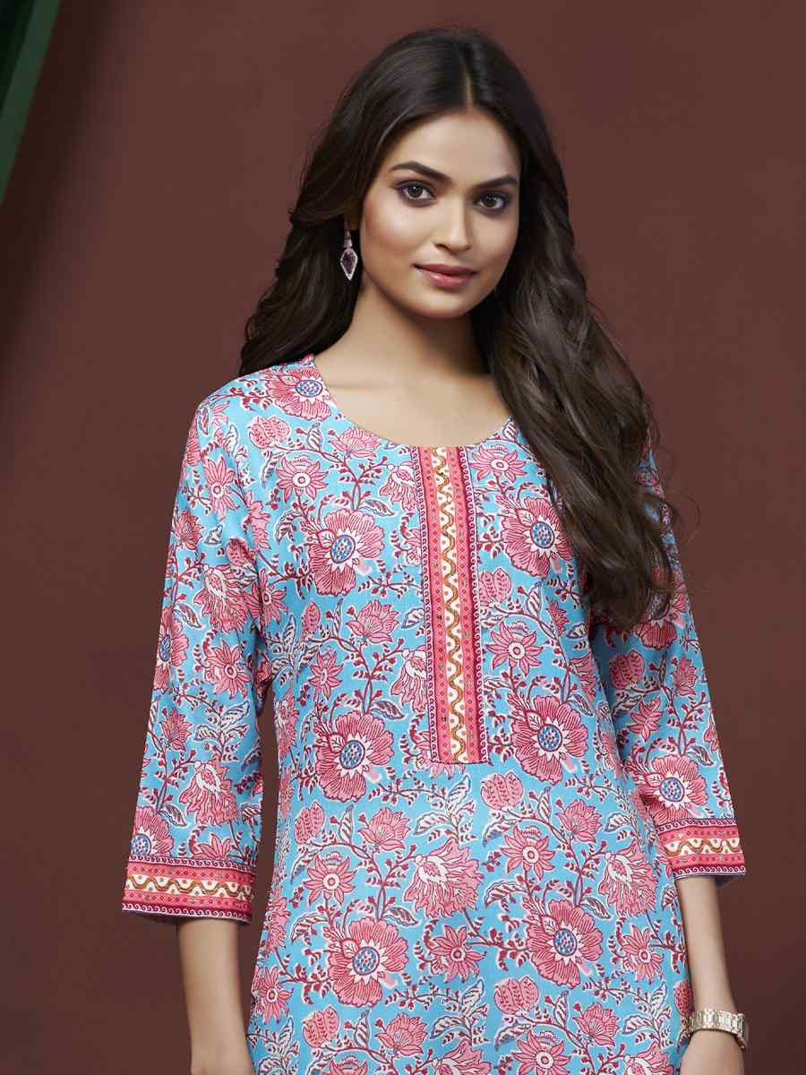 Blue Cotton Linen Embroidered Festival Casual Kurti