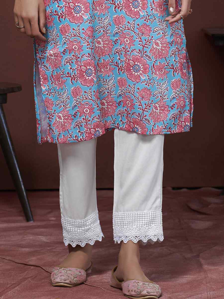 Blue Cotton Linen Embroidered Festival Casual Kurti