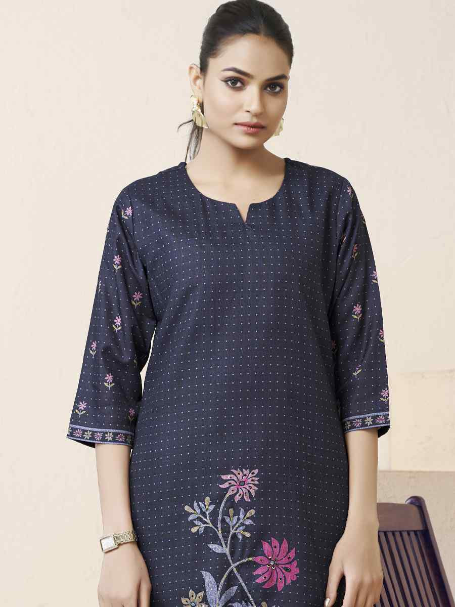 Blue Cotton Linen Embroidered Festival Casual Kurti