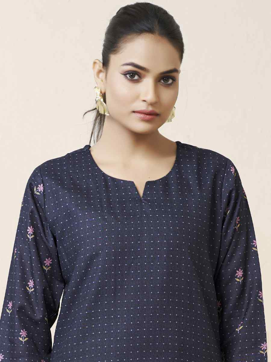Blue Cotton Linen Embroidered Festival Casual Kurti