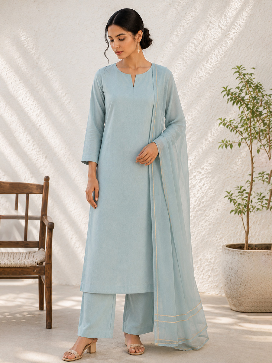Blue Cotton Plain Wedding Party Festival Casual Ready Palazzo Pant Salwar Kameez