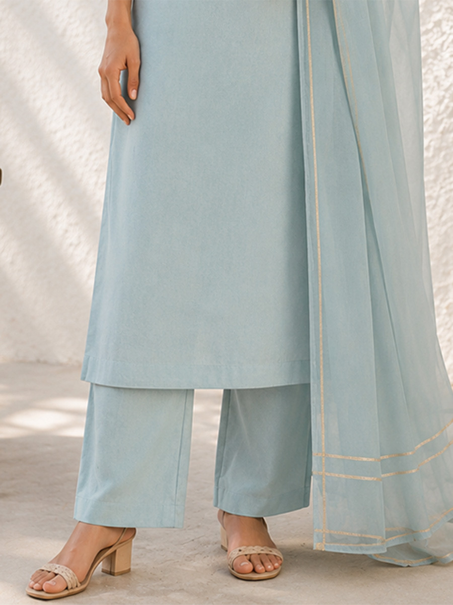 Blue Cotton Plain Wedding Party Festival Casual Ready Palazzo Pant Salwar Kameez