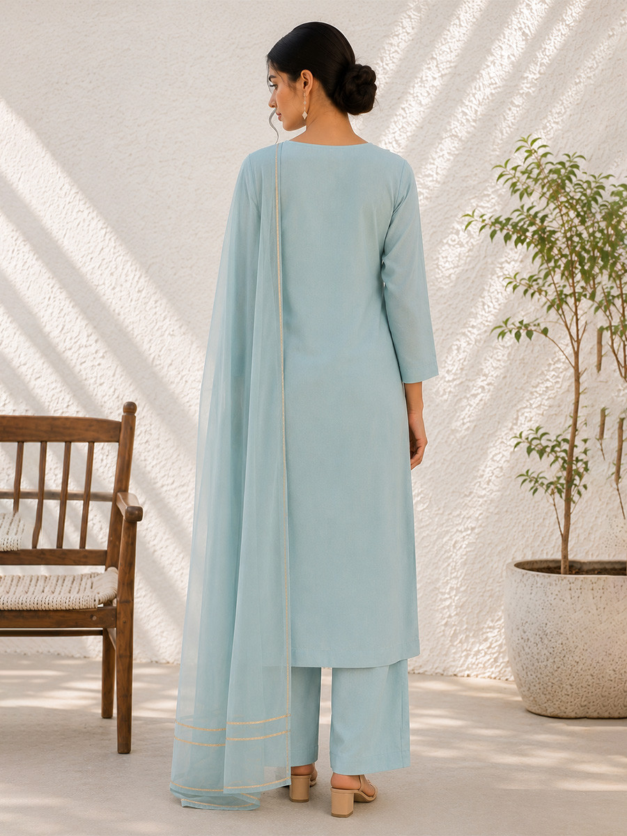 Blue Cotton Plain Wedding Party Festival Casual Ready Palazzo Pant Salwar Kameez