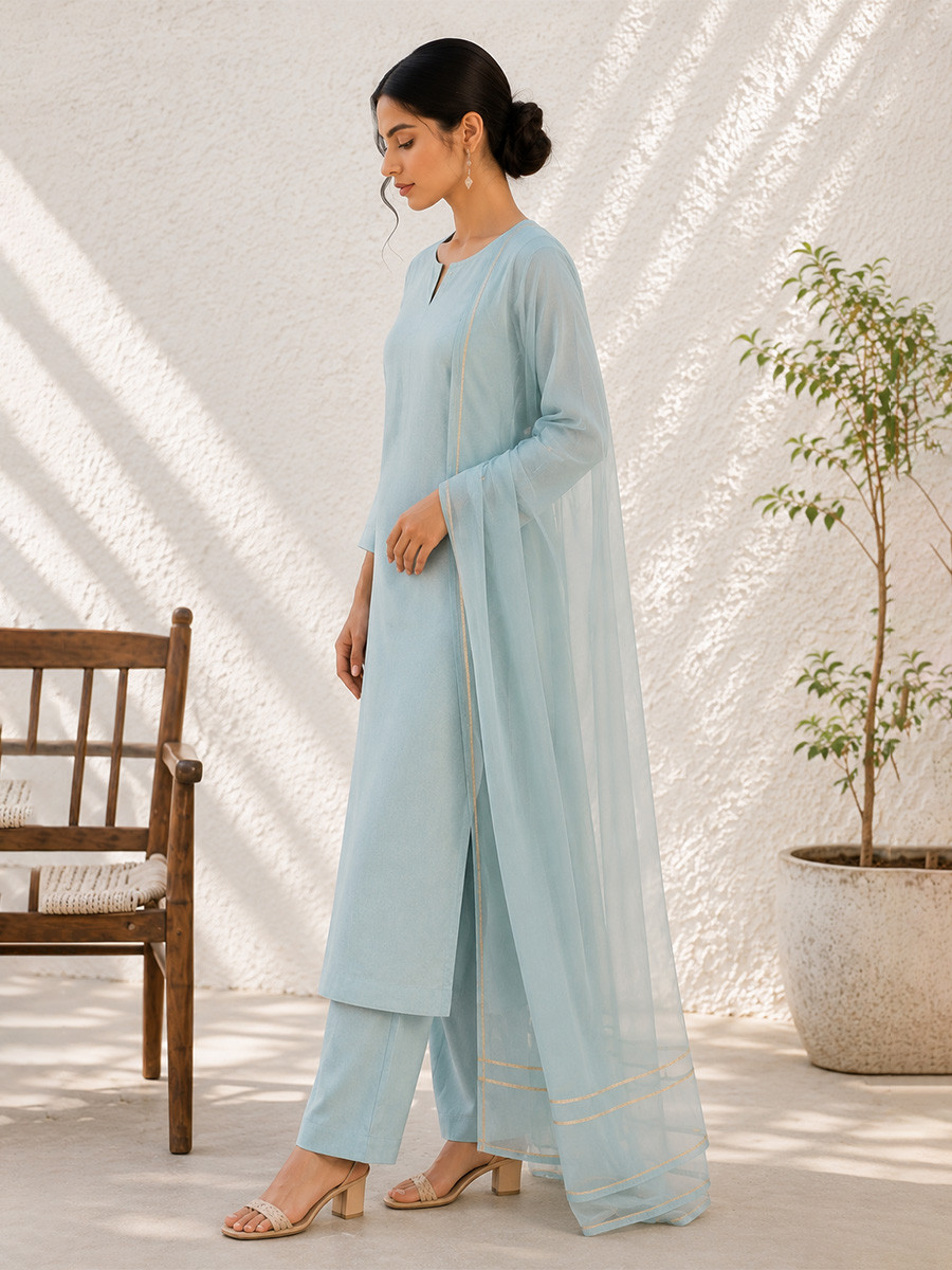 Blue Cotton Plain Wedding Party Festival Casual Ready Palazzo Pant Salwar Kameez