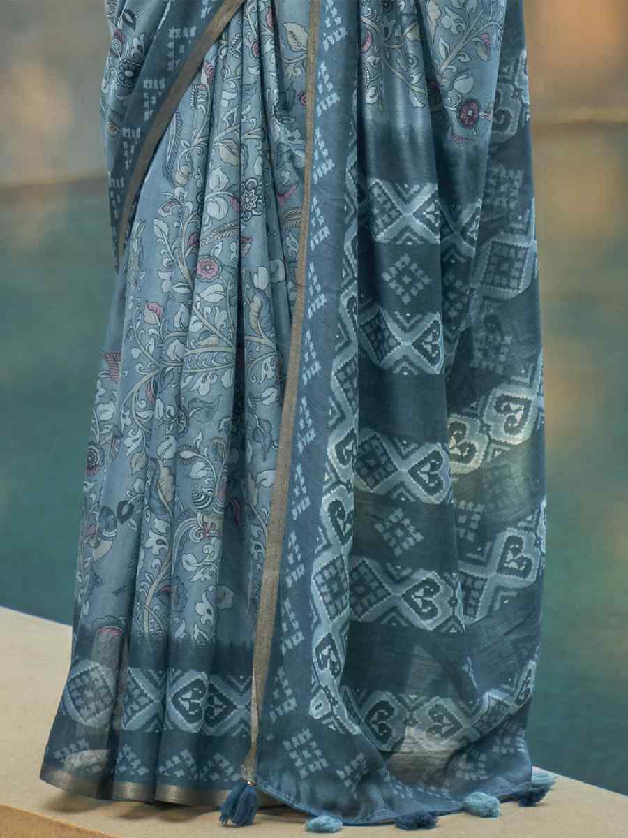 Blue Cotton Printed Casual Festival Contemporary Saree