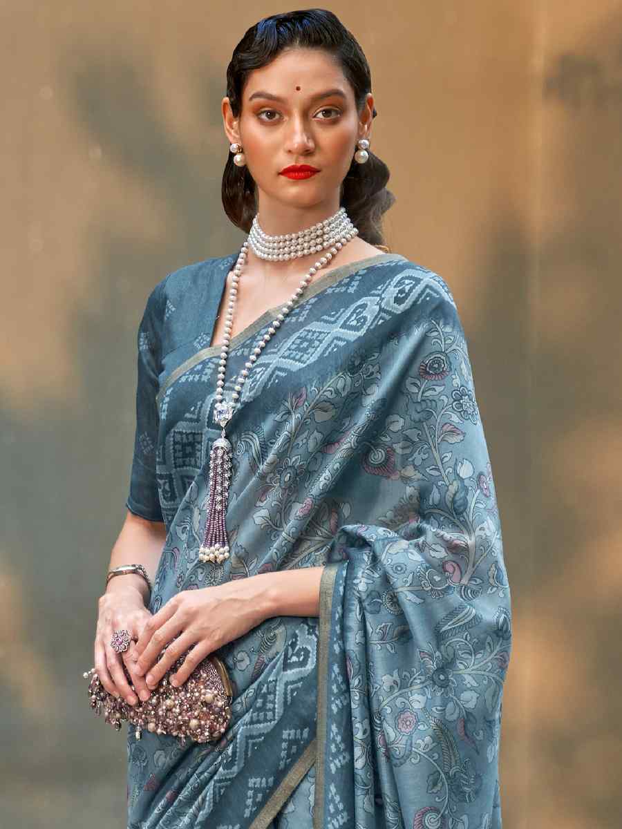 Blue Cotton Printed Casual Festival Contemporary Saree