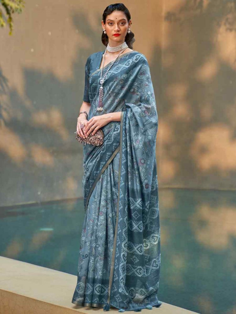 Blue Cotton Printed Casual Festival Contemporary Saree