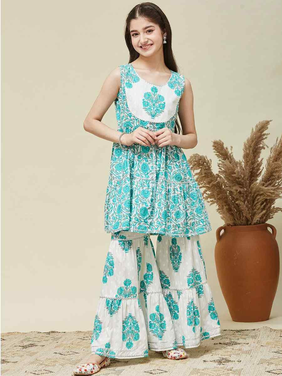 Blue Cotton Printed Casual Festival Kurta Sharara Girls Wear