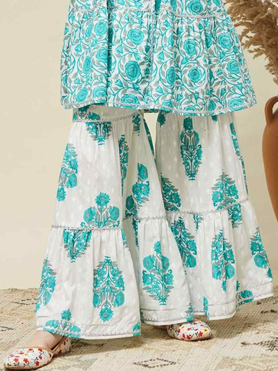 Blue Cotton Printed Casual Festival Kurta Sharara Girls Wear