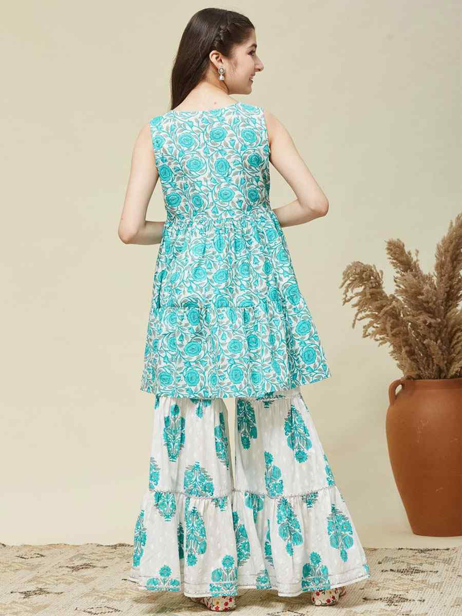 Blue Cotton Printed Casual Festival Kurta Sharara Girls Wear
