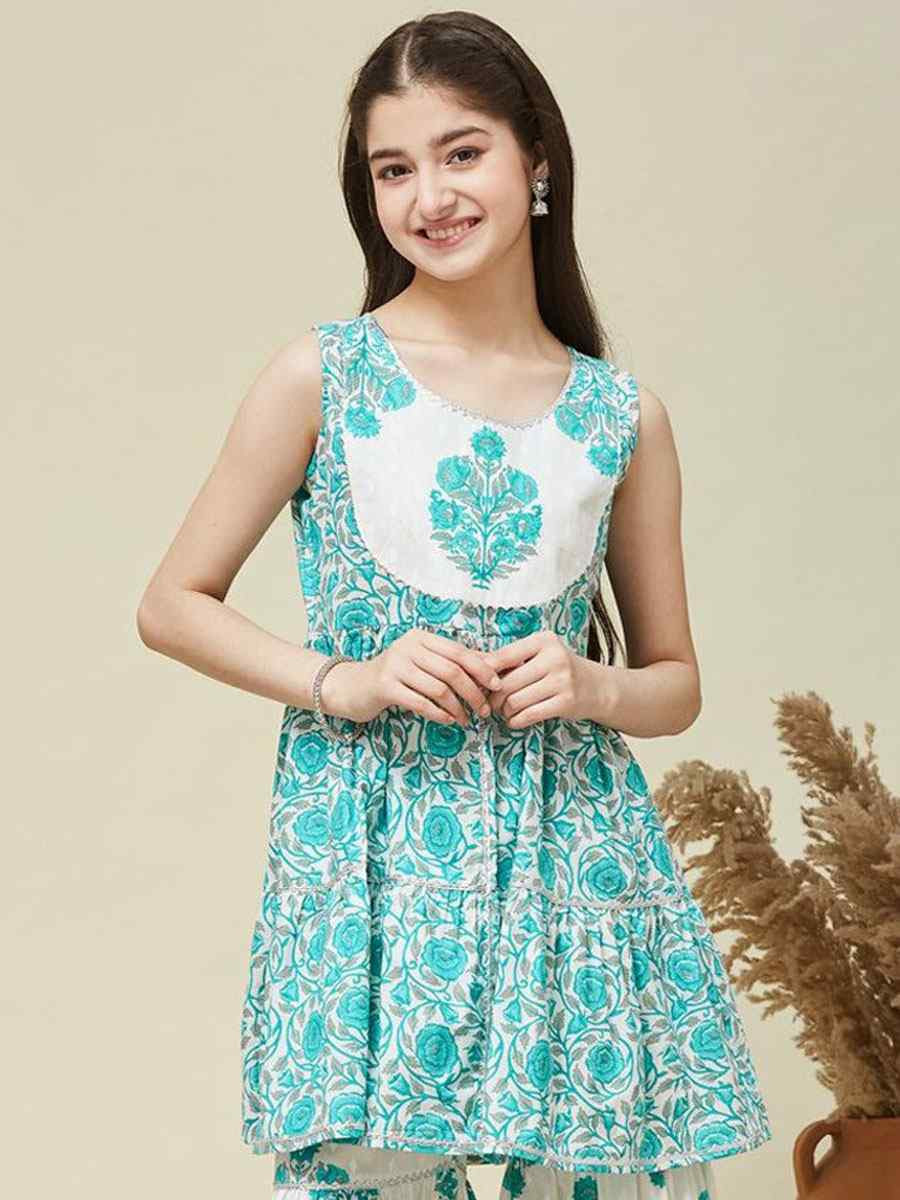 Blue Cotton Printed Casual Festival Kurta Sharara Girls Wear