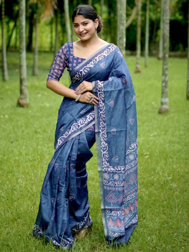 Image of Blue Cotton Printed Casual Reception Festival Wedding Fancy Classic Style Sarees