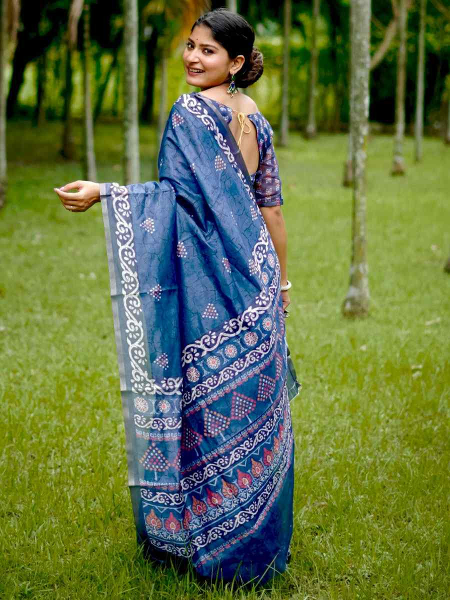Blue Cotton Printed Casual Reception Festival Wedding Fancy Classic Style Sarees