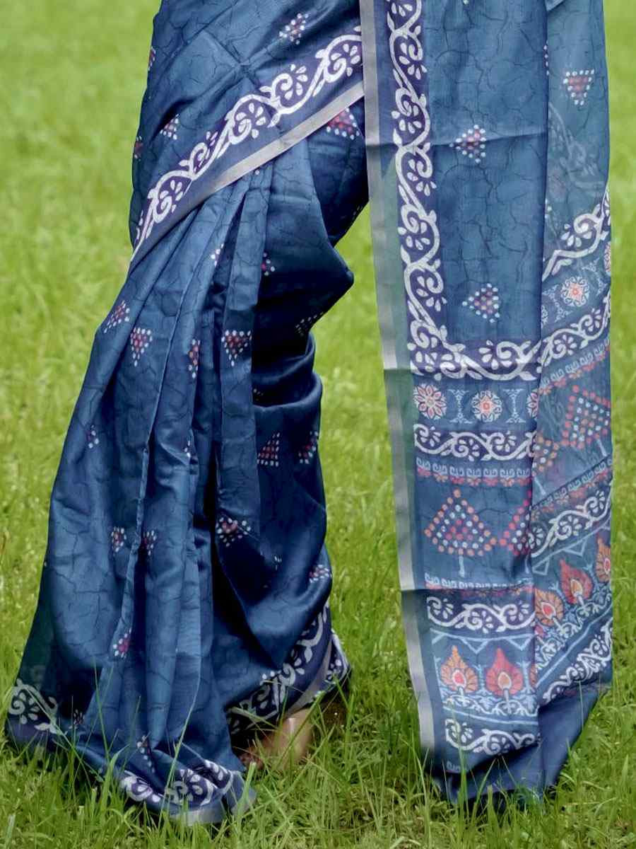 Blue Cotton Printed Casual Reception Festival Wedding Fancy Classic Style Sarees