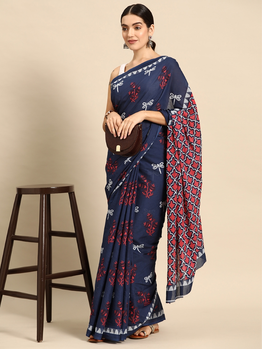 Blue Cotton Printed Festival Casual Contemporary Sarees