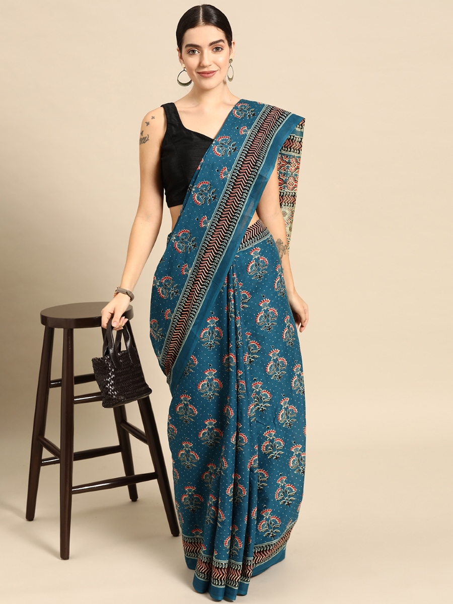 Blue Cotton Printed Festival Casual Contemporary Sarees