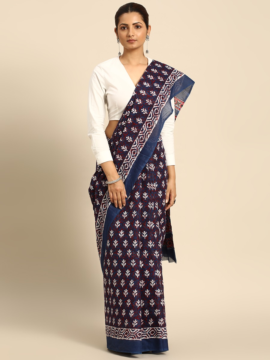 Blue Cotton Printed Festival Casual Contemporary Sarees