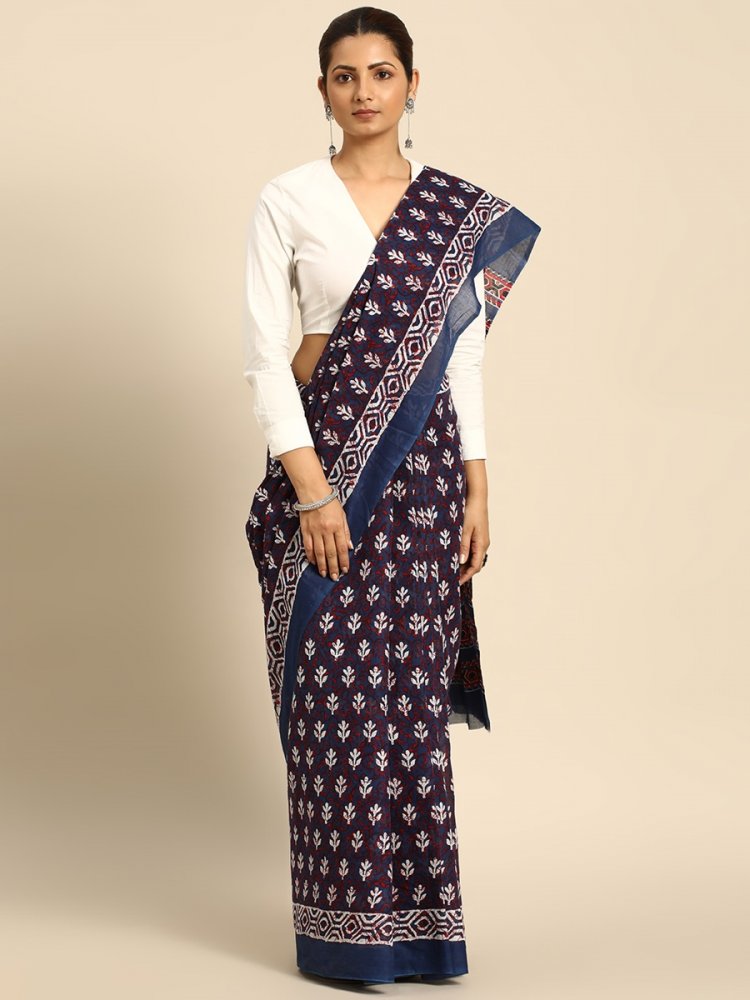 Blue Cotton Printed Festival Casual Contemporary Sarees