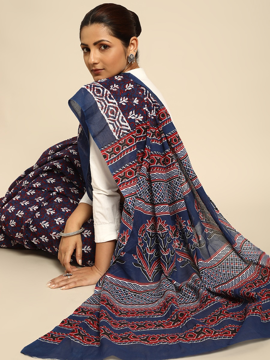 Blue Cotton Printed Festival Casual Contemporary Sarees