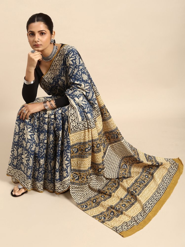Blue Cotton Printed Festival Casual Contemporary Sarees