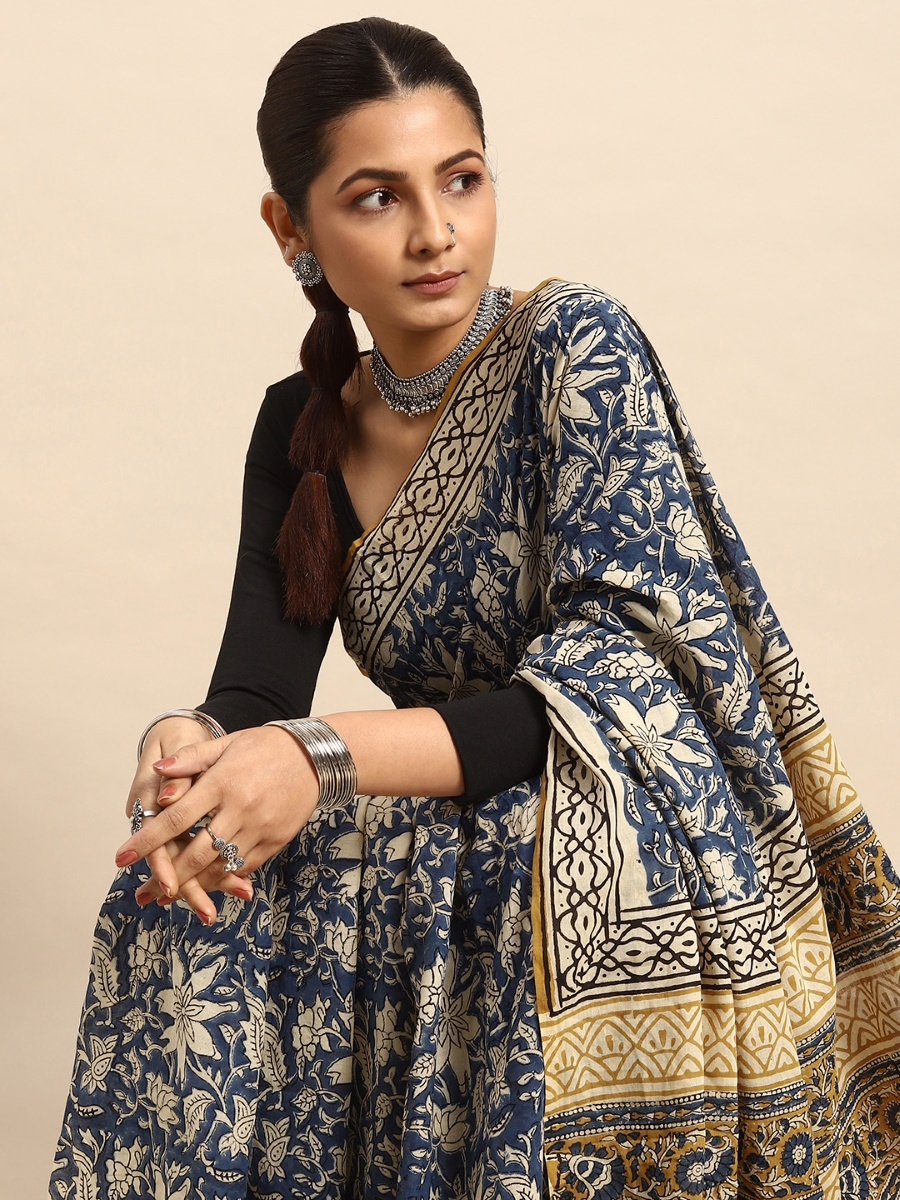 Blue Cotton Printed Festival Casual Contemporary Sarees