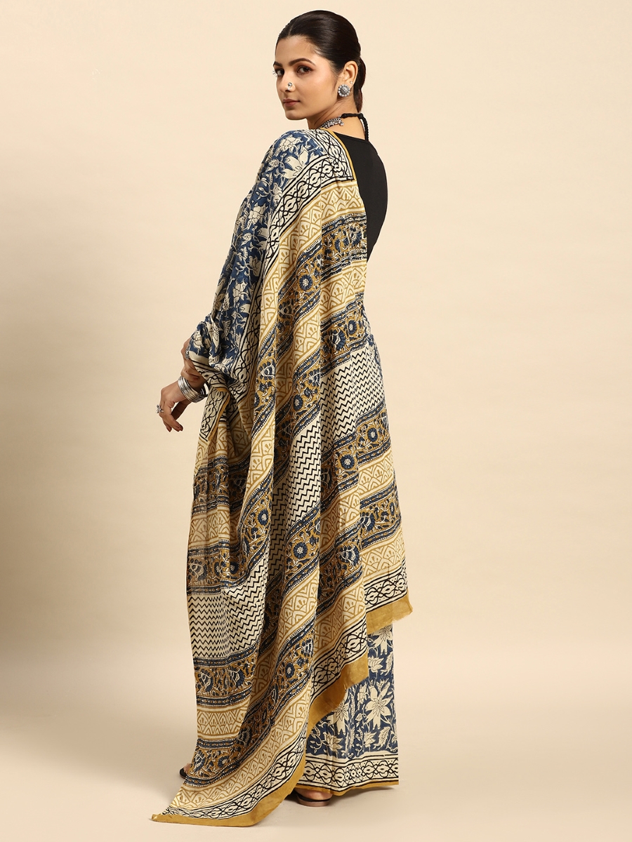 Blue Cotton Printed Festival Casual Contemporary Sarees
