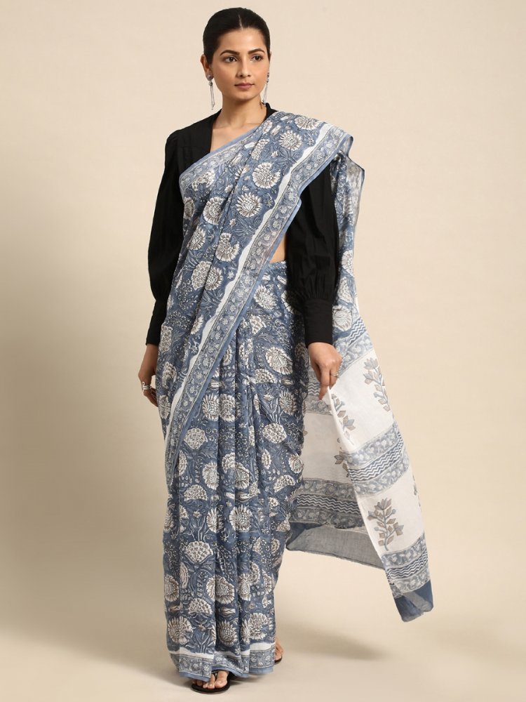 Blue Cotton Printed Festival Casual Contemporary Sarees