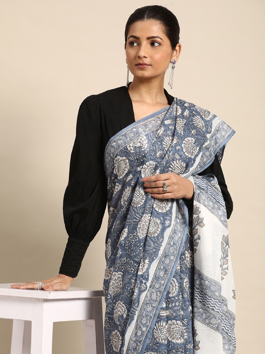 Blue Cotton Printed Festival Casual Contemporary Sarees