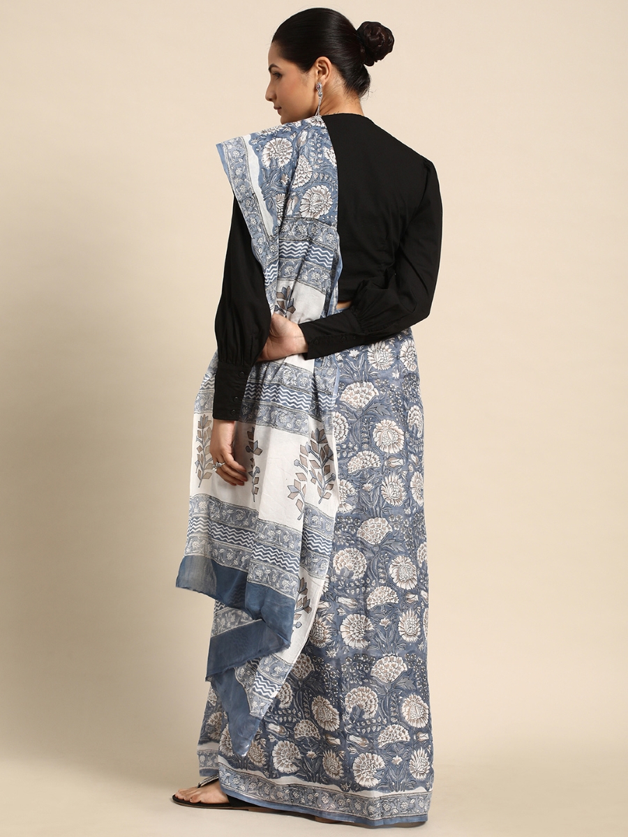 Blue Cotton Printed Festival Casual Contemporary Sarees