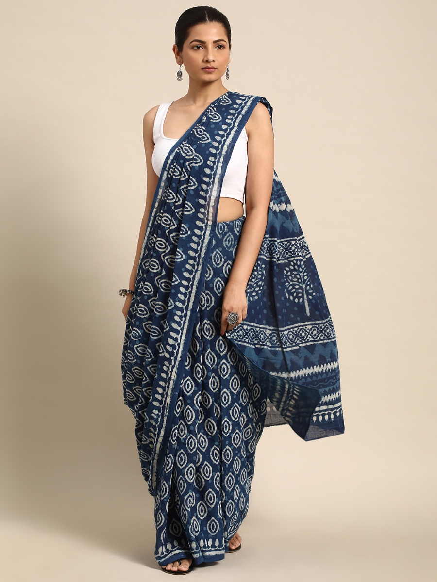 Blue Cotton Printed Festival Casual Contemporary Sarees