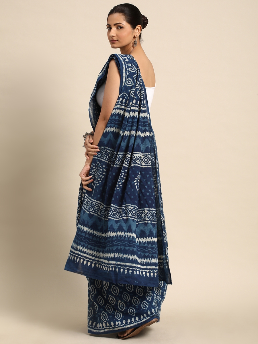 Blue Cotton Printed Festival Casual Contemporary Sarees