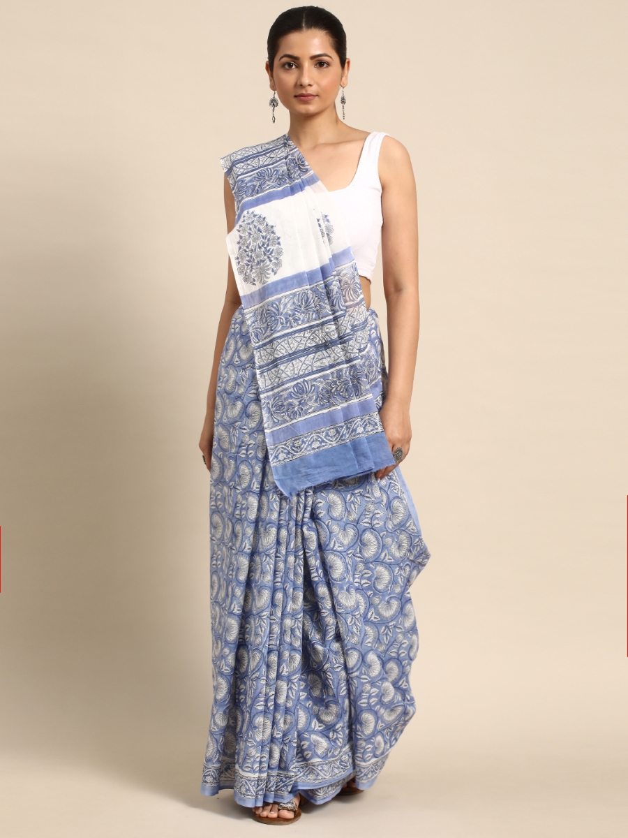 Blue Cotton Printed Festival Casual Contemporary Sarees