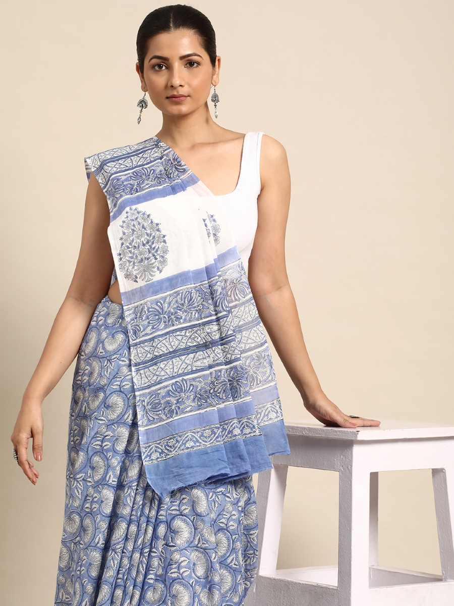 Blue Cotton Printed Festival Casual Contemporary Sarees