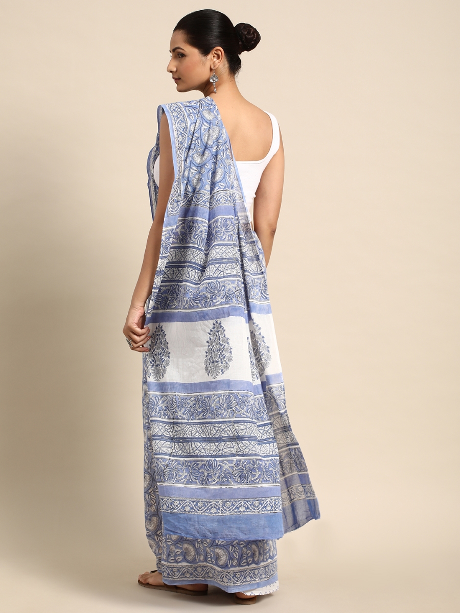 Blue Cotton Printed Festival Casual Contemporary Sarees