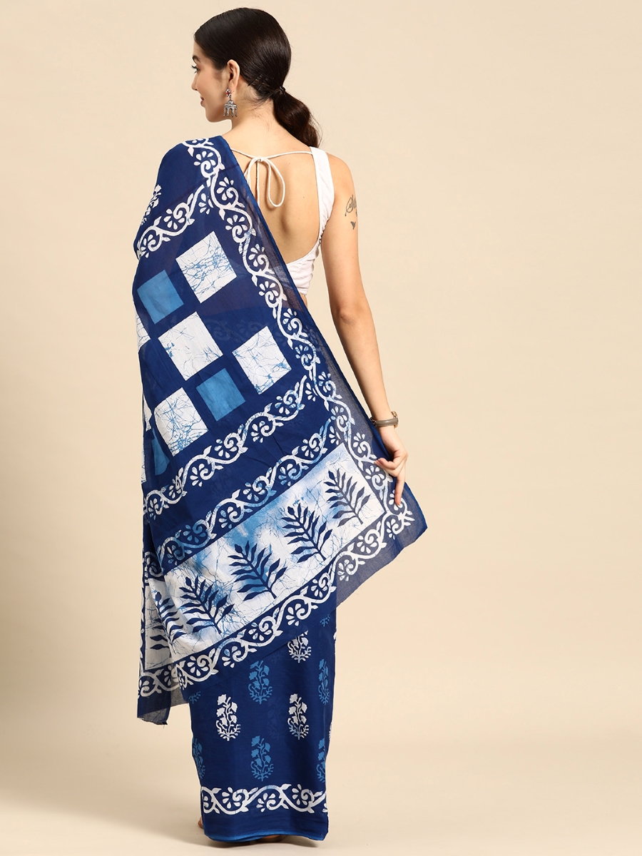 Blue Cotton Printed Festival Casual Contemporary Sarees