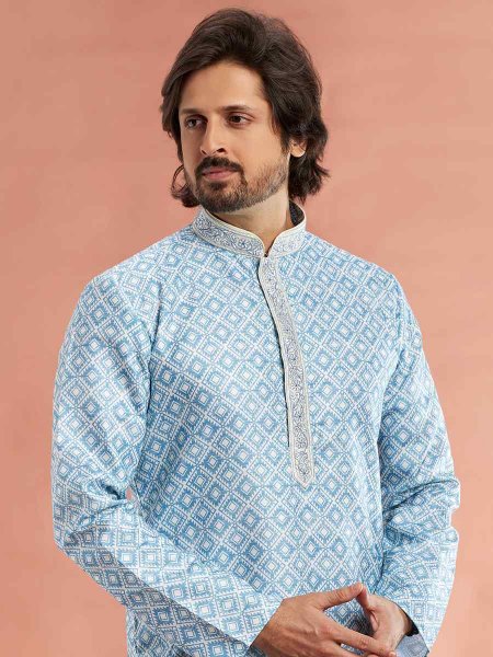 Blue Cotton Printed Festival Casual Mens Kurta