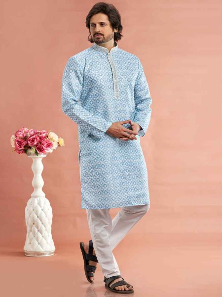 Blue Cotton Printed Festival Casual Mens Kurta